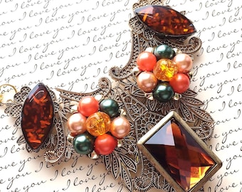 Autumn Statement Necklace: Brown & Orange Glam  Vintage Handmade Recycled Upcycled Assemblage