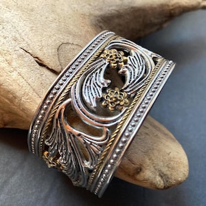 Vintage Hinged Filigree Bangle; Silver Toned Chunky Estate Jewelry