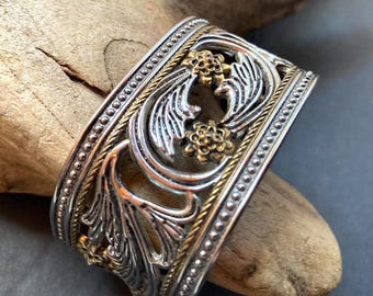 Vintage Hinged Filigree Bangle; Silver Toned Chunky Estate Jewelry