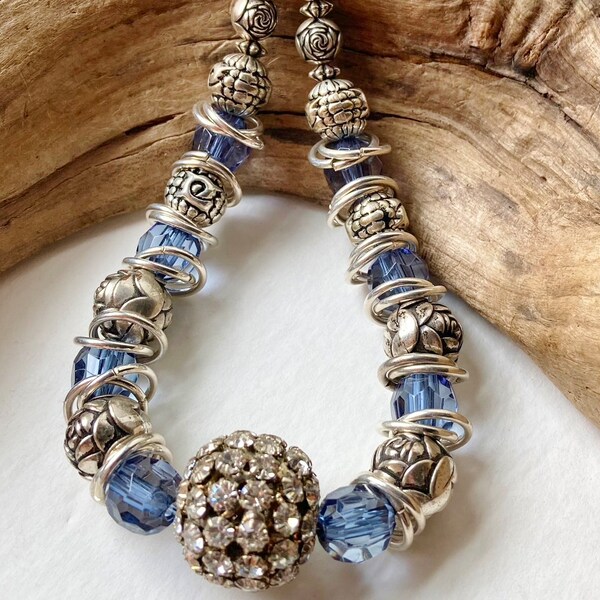 Rhinestone & crystal Blue and silver toned necklace, Upcycled vintage Repurposed retro Artisan handmade Recycled assemblage OOAK Sustainable