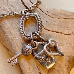 Charm necklace, Silver toned chunky lock, key and heart dangles, Artisan handcrafted, Upcycled vintage, Recycled retro, Sustainable, OOAK