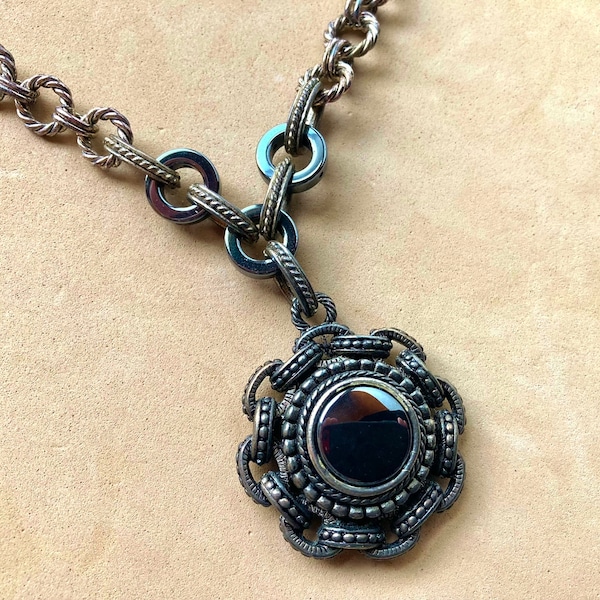 Graziano vintage pendant necklace, Silver toned and hematite, Signed, Large hematite center cabochon, Large links, Retro and bohemian chic