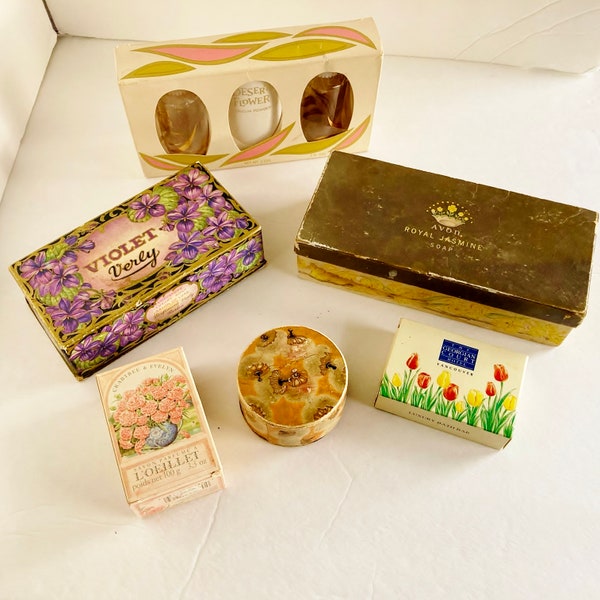 Vintage Used Desert Flower trio gift set, Collectable soap and soap boxes, Crabtree & Evelyn, Royal Jasmine, Violet Verly, Face powder