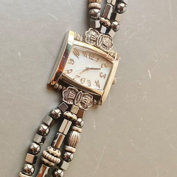 Vintage Hematite Watch, Coldwater Creek, Quartz Watch, New Battery, Mother of Pearl, Silver Bracelet Style Band