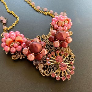 Pink Pearl & Crystal Statement Necklace: Upcycled Vintage Glam, Handmade, Recycled Assemblage