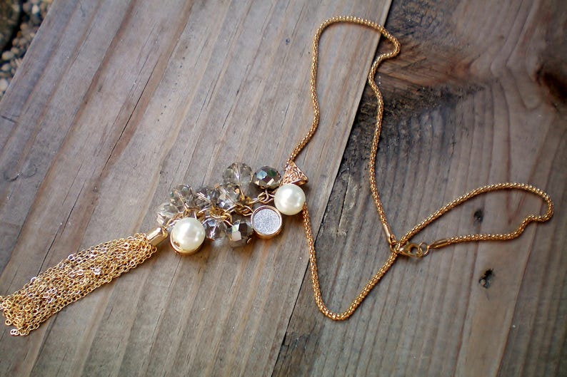 Gift for her Long tassel and bead cluster necklace Crystal and pearl pendant necklace Recycled vintage Genuine handmade