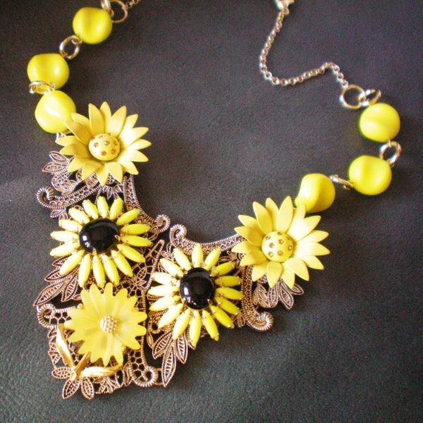Yellow daisy statement necklace, Recycled assemblage, Artisan handmade, Sustainable, Great gift, Upcycled vintage, Repurposed retro, OOAK