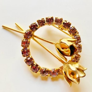 Purple Rhinestone Flower Brooch: Gold Roses, 1960s Estate Jewelry