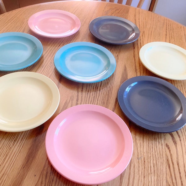 Retro Set of Eight 1950's Boonton Melmac dishware sandwich plates in pink, gray, yellow, aqua. Retro, MCM dinnerware, Durable, Colorful