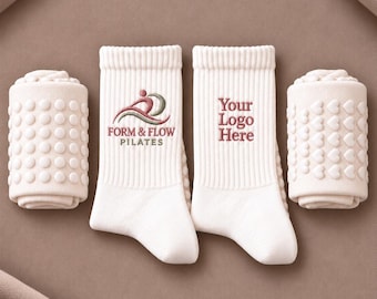 Personalized Pilates Socks with Logo, Embroidered Grip Socks for Reformer, Non Slip Sticky Socks, Custom Yoga Studio Socks, Crew Grip Socks