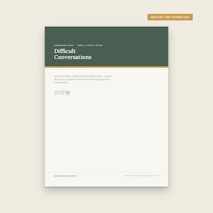May include: A digital document titled Difficult Conversations, part of a caregiver guide home and safety series. The page features a dark green header, white text, and icons for a speech bubble, heart, and peace sign on a light background.