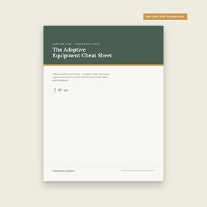以下が含まれることがあります： 「The Adaptive Equipment Cheat Sheet」と題されたデジタル文書。介護者向けホーム＆セーフティシリーズの一部です。ページにはダークグリーンのヘッダー、白い本文、小さな線画アイコンがあり、上部にPDFダウンロードのラベルが表示されています。
