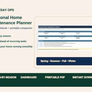 May include: A digital Seasonal Home Maintenance Planner Excel workbook and printable companion. The interface displays sections for annual progress, tasks, and seasonal planning with text reading Spring, Summer, Fall, and Winter.