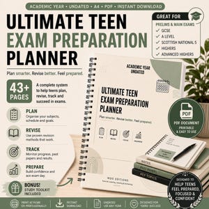 May include: A spiral-bound academic planner titled Ultimate Teen Exam Preparation Planner with a cream cover, sage green accents, and black text. The planner includes sections for planning, revising, tracking, and preparing, with 43+ pages in A4 format.