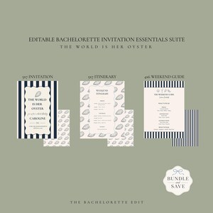 Może przedstawiać: Edytowalny zestaw zaproszeń na wieczór panieński zawierający zaproszenie 5x7, plan podróży 5x7 i przewodnik weekendowy 4x6. Projekty zawierają granatowe paski, ilustracje ostryg oraz tekst, taki jak The World Is Her Oyster, Weekend Itinerary i The Weekend Guide.