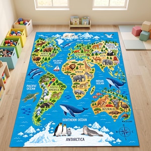 May include: A rectangular area rug featuring a vibrant world map on a blue background. The map displays continents, oceans, and various animals in their respective regions, including whales, penguins, elephants, and tigers, with text labels.