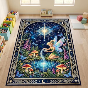 May include: A rectangular area rug featuring a central illustration of a fairy with iridescent wings pouring water into a pond. The scene includes mushrooms, flowers, butterflies, and a starry night sky with a large glowing star, all framed by a gold border.