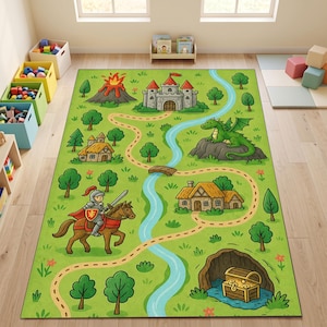 May include: A rectangular area rug featuring a green landscape with a winding path, a blue river, a castle, a volcano, a green dragon, a knight on a brown horse, small houses, and a treasure chest filled with gold coins in a dark cave.