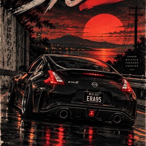 May include: A poster featuring a black Nissan 370Z sports car from the rear view, parked on a wet road. The background shows a large red sun, a mountain, and a city skyline. Text includes 370Z, Nissan, ERA95, and Japanese characters on the side.