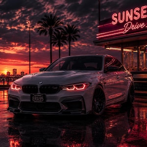 May include: A white BMW saloon parked in front of a diner with a neon sign reading SUNSET Drive In. The car features red illuminated headlights and a California number plate reading ERA95. The scene is set against a vibrant orange sunset sky.
