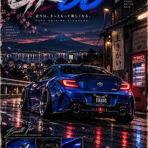 May include: A blue Toyota GR86 sports car parked on a wet road at night with a mountain in the background. The poster features the text GR86, Toyota, and various Japanese characters. Insets show the front headlight, steering wheel, and side badge.