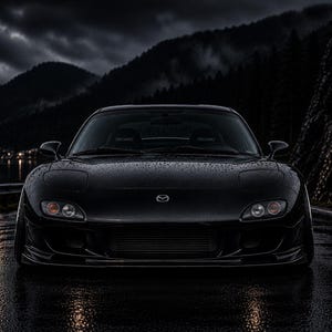 Könnte beinhalten: Ein schwarzer Mazda RX-7 Sportwagen in der Frontansicht mit flacher Motorhaube, abgerundeten Scheinwerfern, einem zentralen Mazda-Emblem und einem großen Lufteinlass vorne. Die Karosserie ist mit Regentropfen bedeckt, die das dunkle Umfeld spiegeln.
