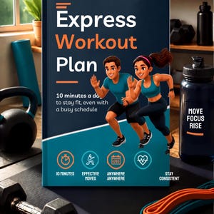 Peut inclure: Un livre bleu foncé intitulé Express Workout Plan avec une illustration de deux personnes en train de courir. La couverture contient le texte 10 minutes a day to stay fit, even with a busy schedule, ainsi que des icônes de temps et mouvement.