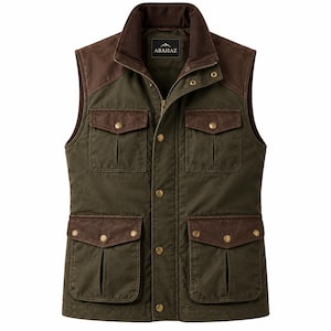 May include: An olive green vest with dark brown shoulder and pocket flap accents. The garment features a stand-up collar, a full-length front zipper, a snap-button placket, and four large front pockets with snap closures. The label reads ABAHAZ.
