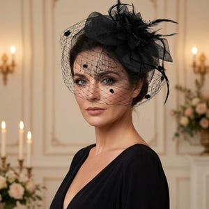 May include: A black fascinator hat featuring a structured base, delicate feathers, and a fine netting veil with small black polka dot accents. The headpiece is worn over the eyes, creating a layered look with the dark fabric and netting.