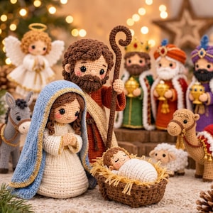 May include: A crochet nativity set featuring Mary in a blue and white robe, Joseph with a brown staff, and baby Jesus in a manger. The scene includes an angel, a donkey, a sheep, a camel, and three figures in colorful robes and crowns.