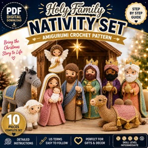 Puede incluir: Un patrón de ganchillo en PDF digital para un set de nacimiento de 10 piezas. La imagen muestra figuras tejidas a ganchillo que incluyen un ángel, María sosteniendo al niño Jesús, José con una linterna, tres reyes, un burro, una oveja y un camello.