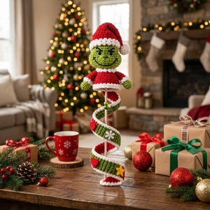 Grinchen virkmönster PDF, Grinchen spiral julgransprydnad, jul amigurumi mönster, Grinchen hängande dekor, jul virkhandledning