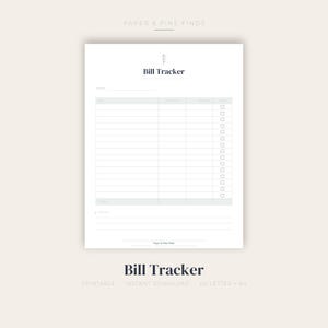 Bill Tracker Printable, Monthly Bill Payment Log, Bill Organizer and Due Date Checklist, Finance PDF, US Letter A4, Instant Download