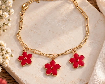 Gold-tone bracelet with red flowers, stainless steel chain, floral charm bracelet, gift idea for women