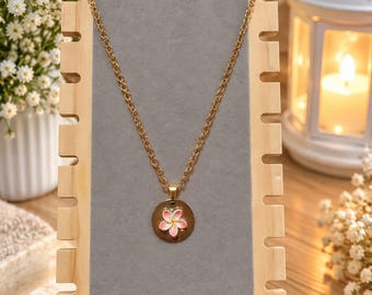 Pink and white gold flower necklace – Stainless steel chain, elegant floral pendant, women's jewelry, gift idea