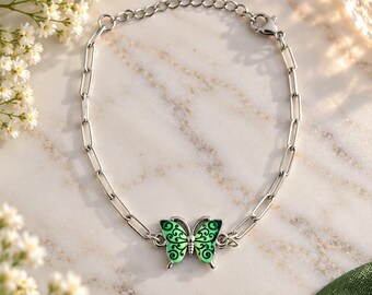 Silver bracelet with stainless steel chain, featuring a green butterfly, link bracelet, original costume jewelry, gift idea for women