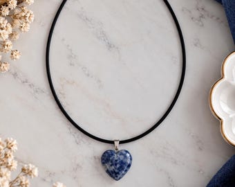 Black necklace with marbled blue heart pendant, costume jewelry, heart necklace, gift idea for women