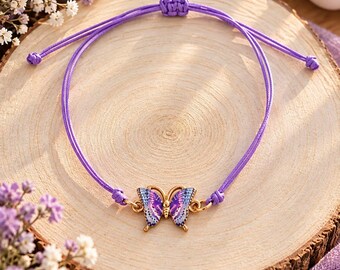 Purple Butterfly Bracelet with Adjustable Purple Cord, Women's Fashion Jewelry, Original Gift Idea