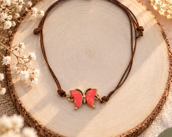 Pink Coral Butterfly Bracelet with Adjustable Brown Cord, Women's Fashion Jewelry, Original Gift Idea