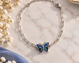 Blue and turquoise butterfly bracelet, stainless steel chain, silver link bracelet, gift idea for women