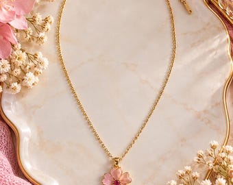 Gold-tone necklace with a stainless steel chain and a pink flower pendant; romantic floral jewelry; delicate necklace; gift idea for women