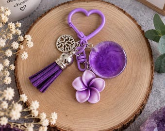 Purple keychain with flower and pom-pom, novelty charms, round marbled-effect pendant, original gift idea