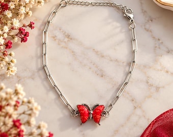 Red butterfly bracelet, silver stainless steel chain, link bracelet, fashion jewelry, gift for women