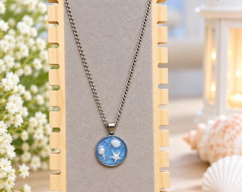 Blue resin seashell necklace, starfish pendant, stainless steel chain, nautical jewelry, gift idea for women