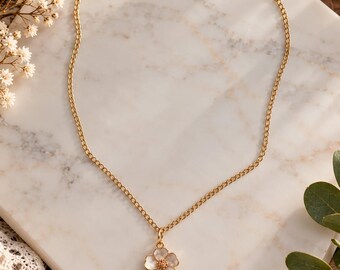 Gold and white stainless steel flower necklace, elegant floral pendant, women's jewelry, gift idea