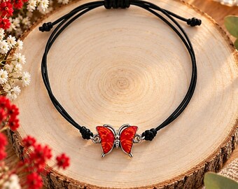 Red Butterfly Bracelet with Adjustable Black Cord, Women's Fashion Jewelry, Colorful Bracelet, Original Gift Idea