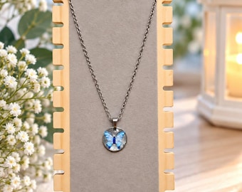 Blue resin butterfly necklace, silver round pendant, stainless steel chain, fashion jewelry, gift for women