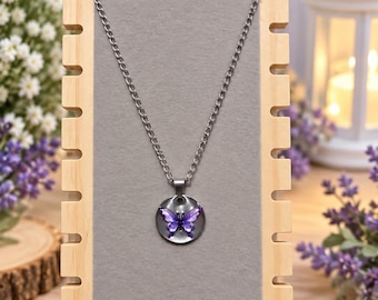 Purple resin butterfly necklace, silver round pendant, stainless steel chain, fashion jewelry, gift for women