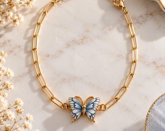 Light gray butterfly bracelet, gold-tone stainless steel chain, link bracelet, fashion jewelry, gift for women