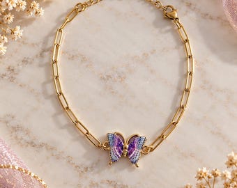 Purple and blue butterfly bracelet, gold-tone stainless steel chain, link bracelet, gift for women